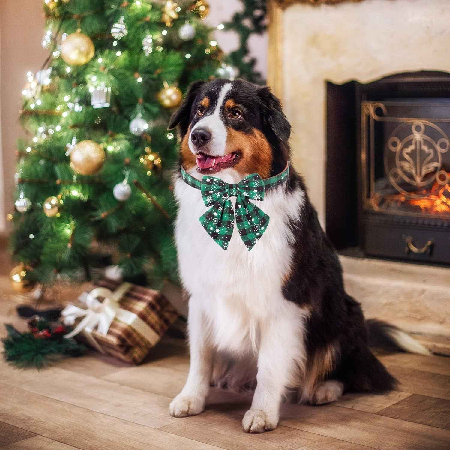 Christmas Plaid Dog Collar with Bowties Adjustable Set