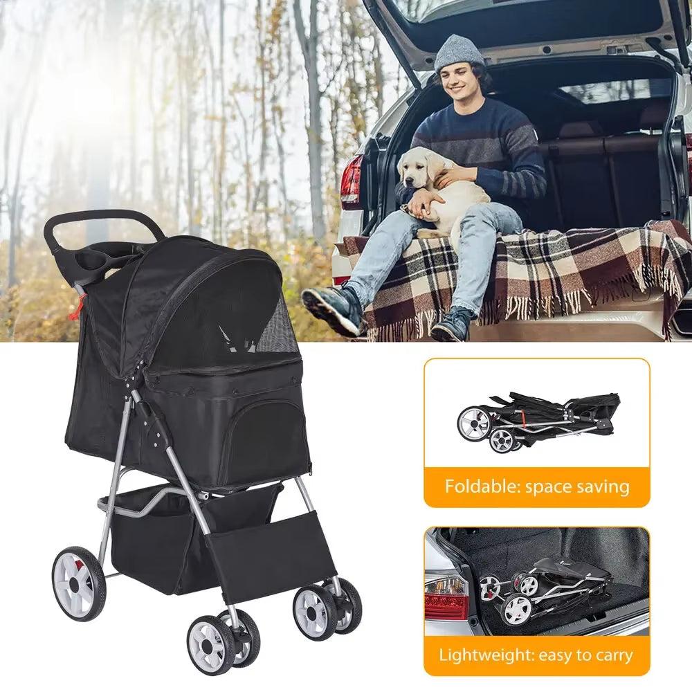 Foldable Dog Stroller: Safe 4-Wheel Travel Cart for Pets - HuckMB Pet Supply