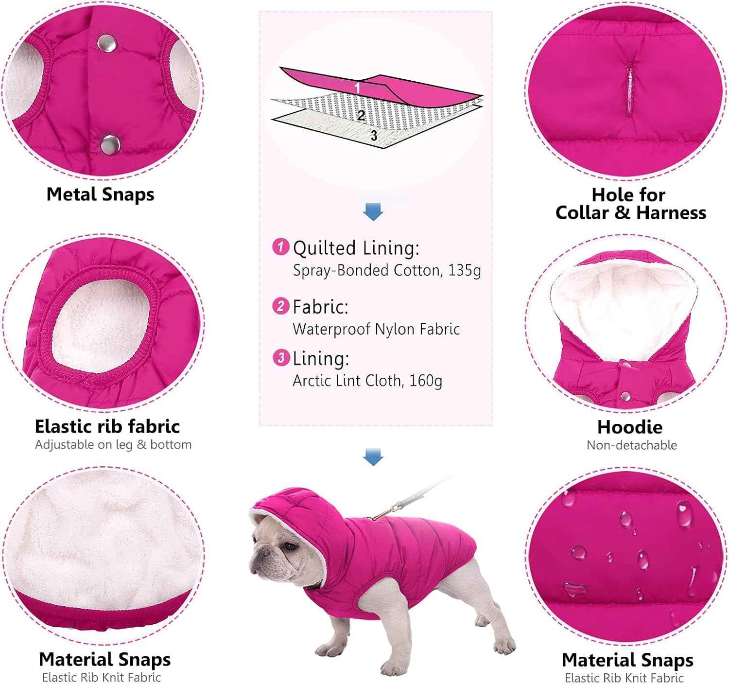 Fleece Hoodie, Windproof Waterproof Coat, Winter Warm Jacket, Cold Weather Pet Apparel Clothes Vest for Small Medium Large Dogs (M, Pink)