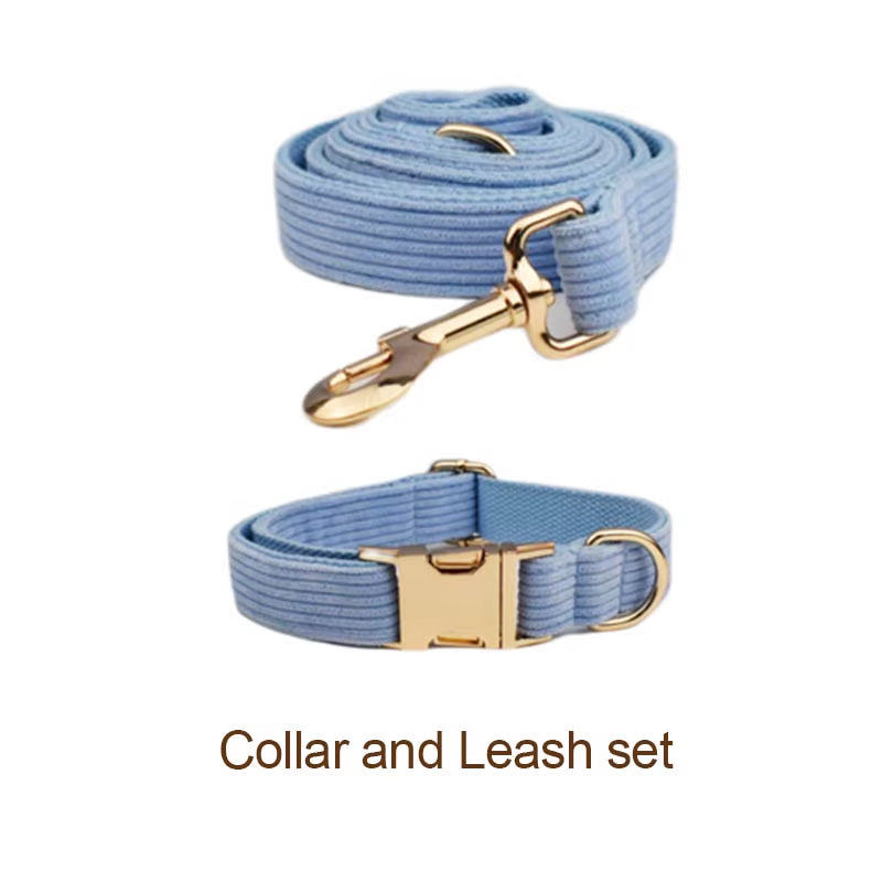 Custom Corduroy Dog Collar and Leash Set Engraved Nameplate - HuckMB Pet Supply