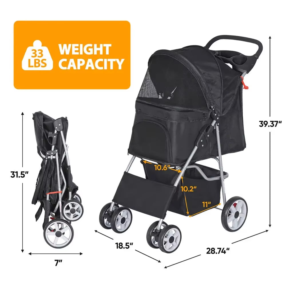 Foldable Dog Stroller: Safe 4-Wheel Travel Cart for Pets - HuckMB Pet Supply