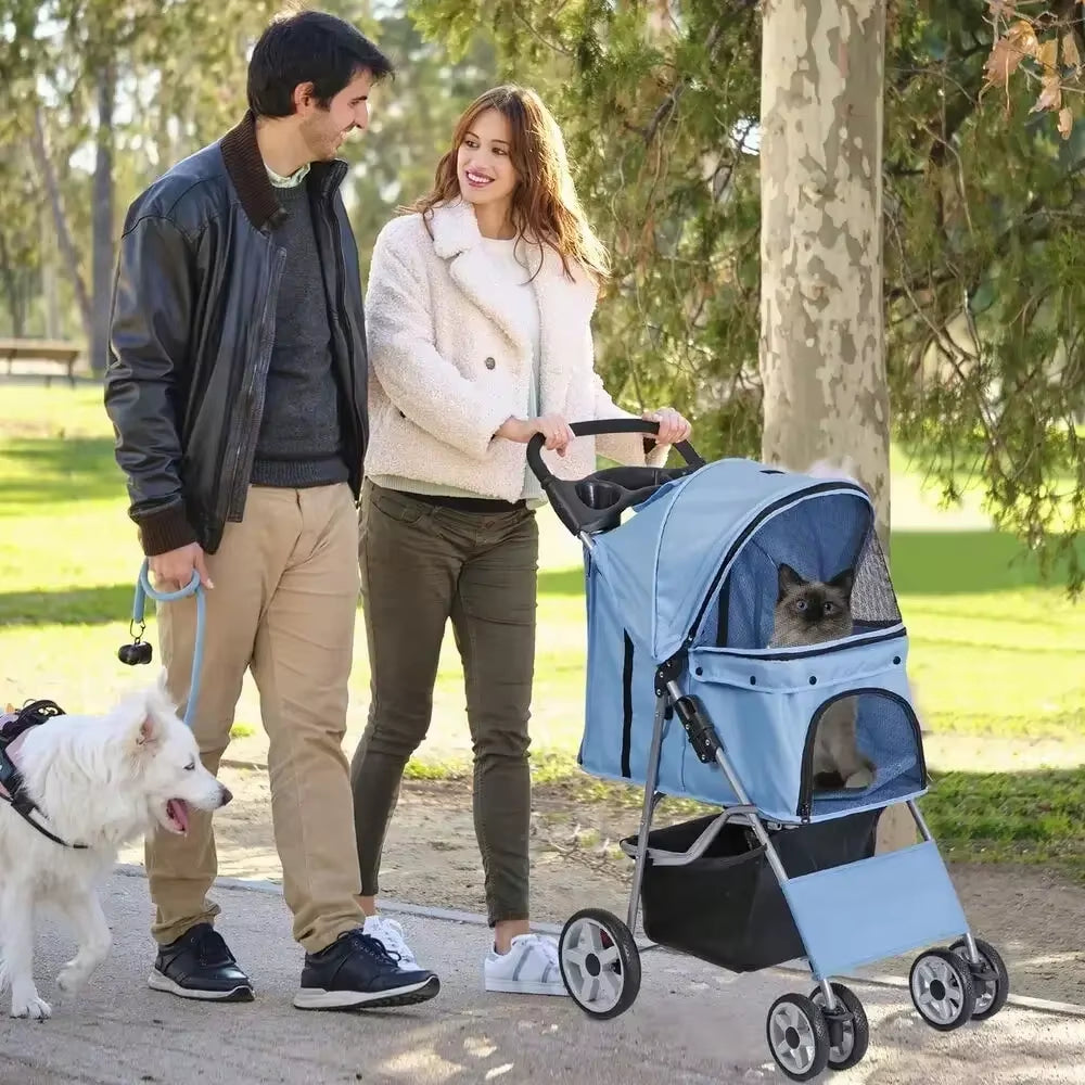 Blue 4 Wheel Pet Stroller: Foldable Carrier for Cats & Dogs - HuckMB Pet Supply