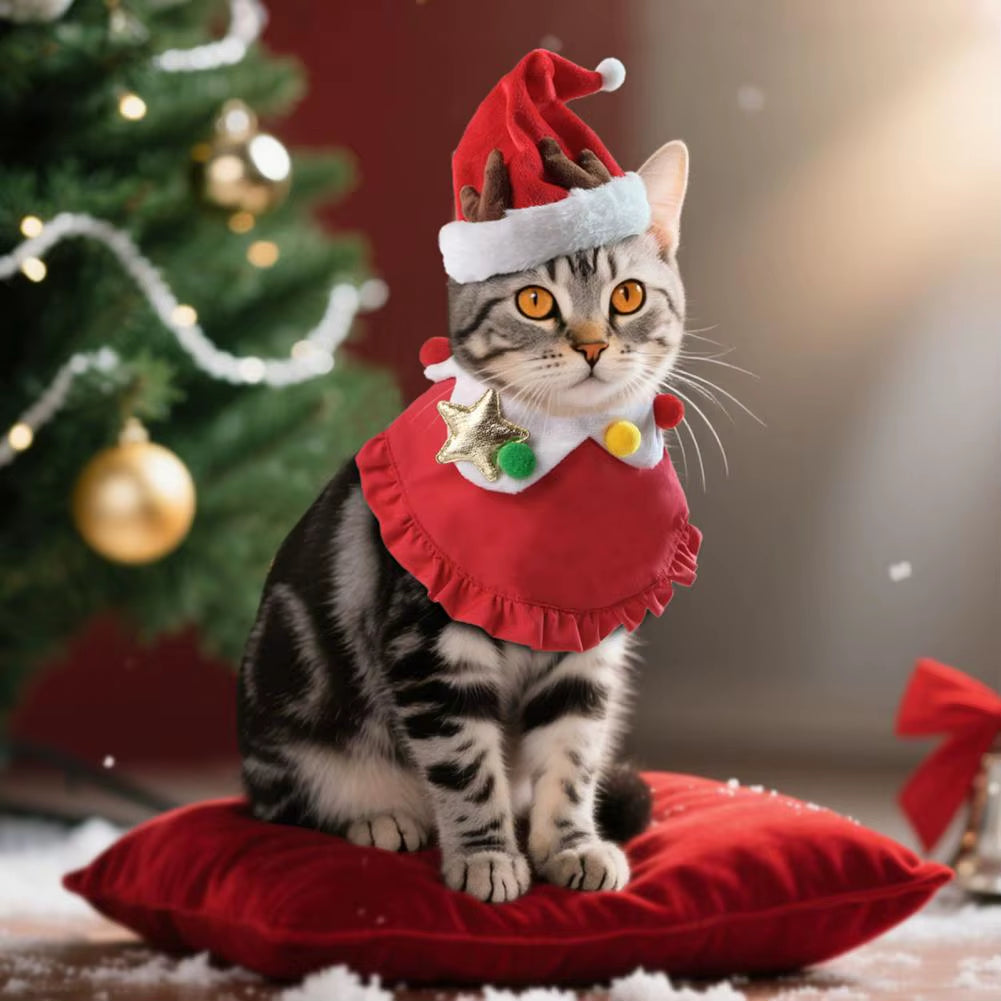 Festive Cat & Small Dog, Costume with Santa Hat & Bib Collar - HuckMB Pet Supply