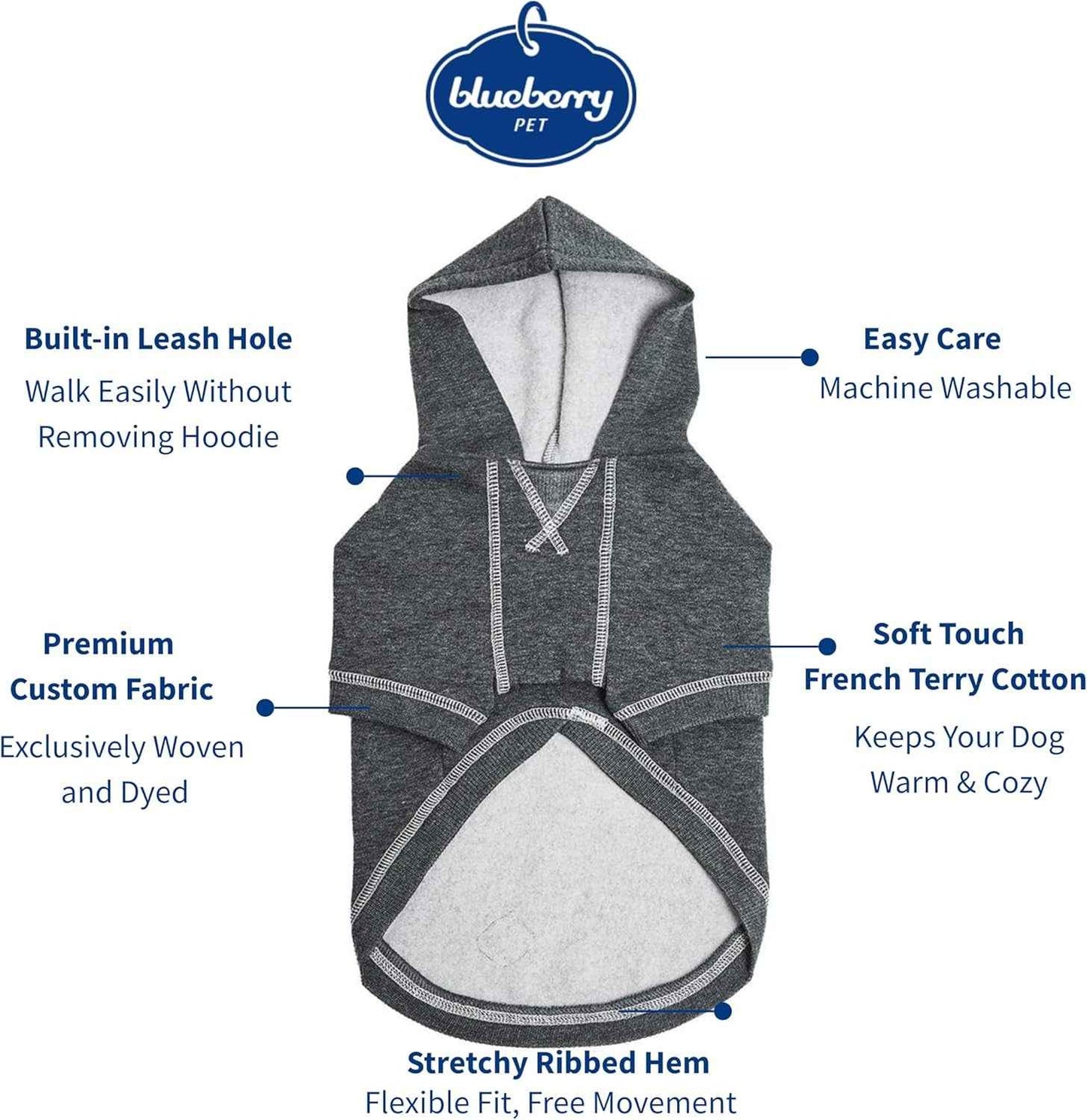 Blueberry Pet Essentials Dog Hoodie – 12 Inch, Cotton‑Blend Sweatshirt with Hood, Charcoal Grey, Machine‑Washable Small‑Dog Jersey