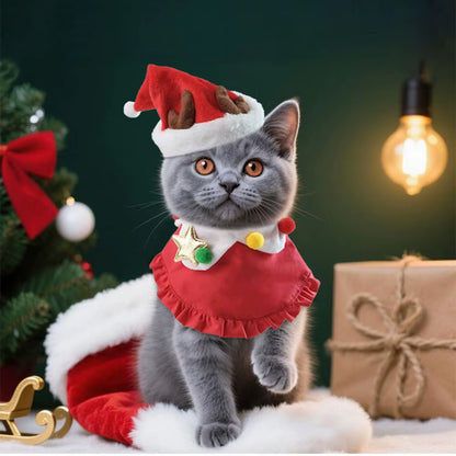 Festive Cat & Small Dog, Costume with Santa Hat & Bib Collar - HuckMB Pet Supply