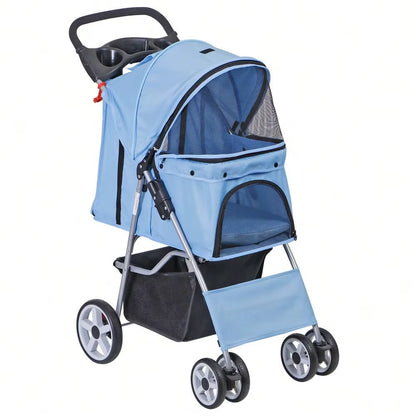 Blue 4 Wheel Pet Stroller: Foldable Carrier for Cats & Dogs - HuckMB Pet Supply