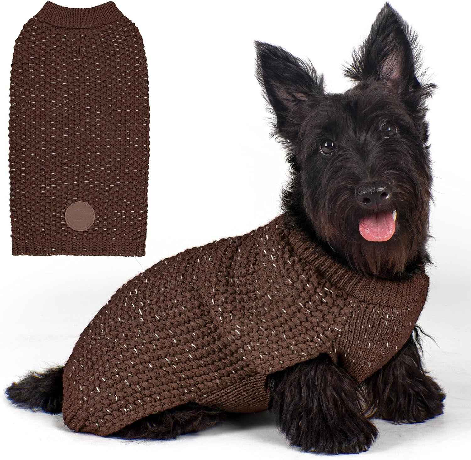 KYEESE Dog Sweater with Leash Hole Warm Pullover with Reflective Yarn for Small and Medium Dogs Male Soft Knit Pullover Boy Dog Coats Cozy Lightweight Thick Sweater,Khaki,Medium
