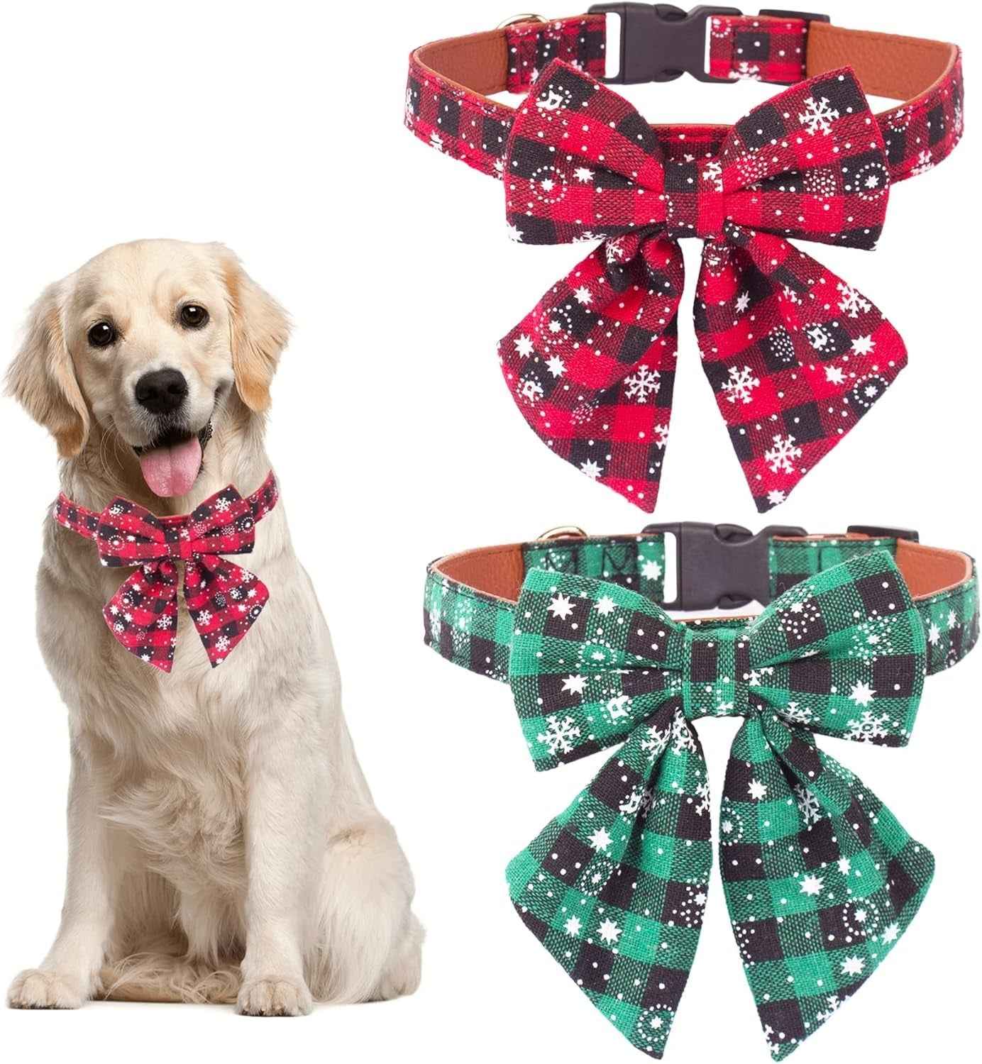 Christmas Plaid Dog Collar with Bowties Adjustable Set