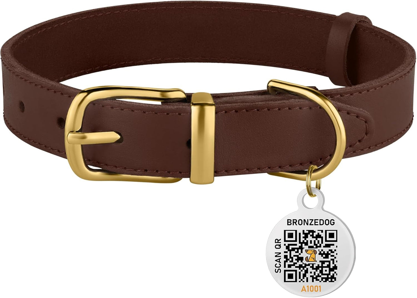 BRONZEDOG Leather Collar with QR Tag for Small Dogs & Cats - HuckMB Pet Supply