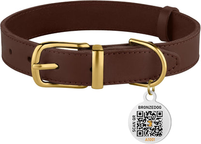 BRONZEDOG Leather Collar with QR Tag for Small Dogs & Cats - HuckMB Pet Supply