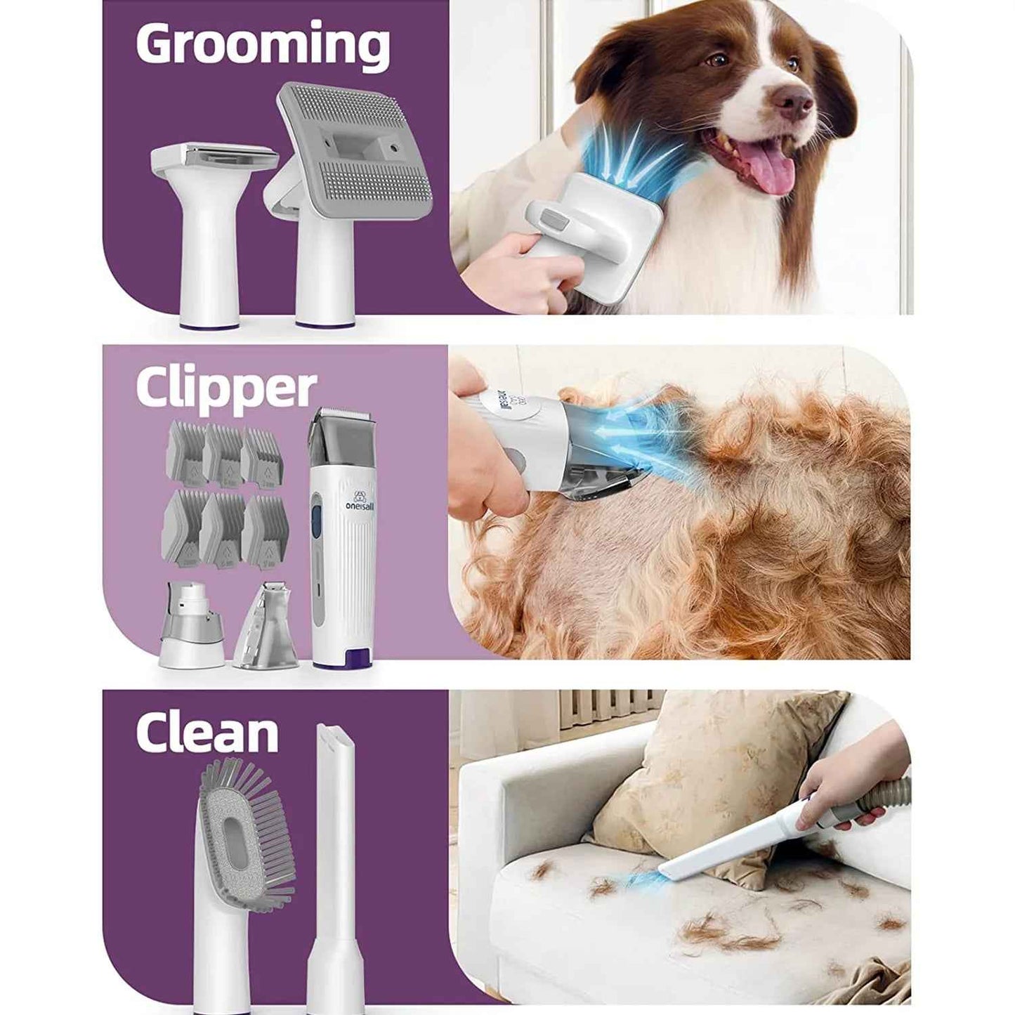 Low Noise Dog Grooming Vacuum Kit with 7 Tools by Oneisall