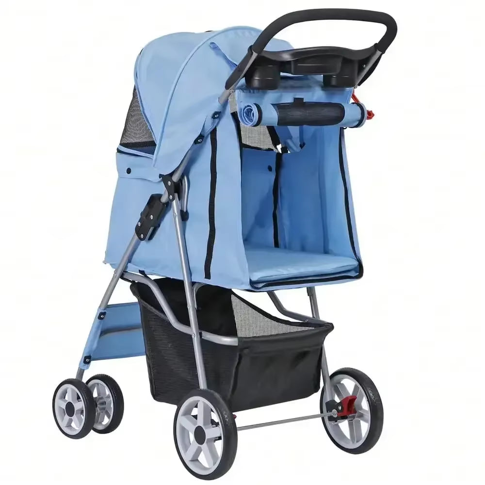 Blue 4 Wheel Pet Stroller: Foldable Carrier for Cats & Dogs - HuckMB Pet Supply