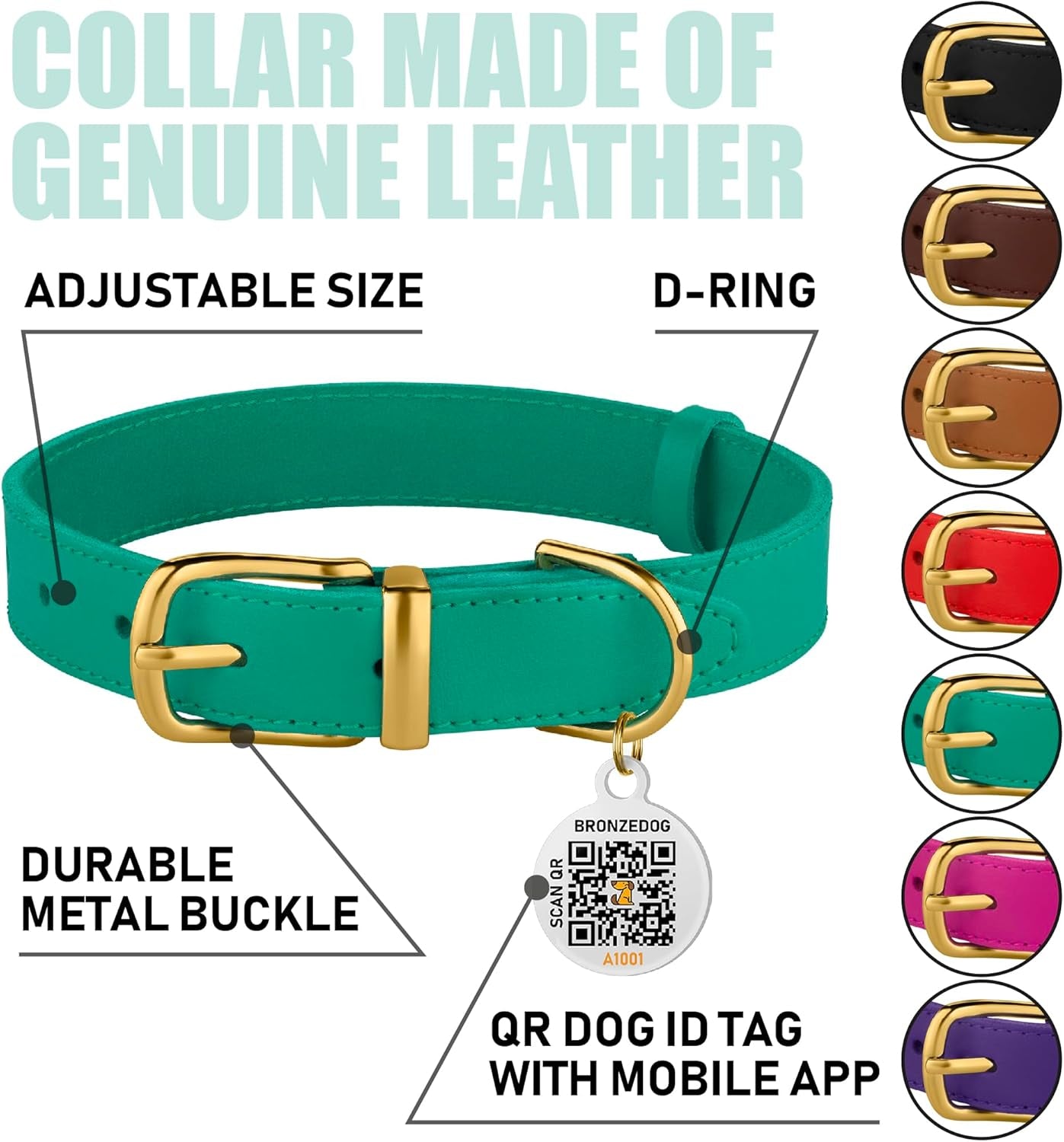 Durable Leather Dog Collar with Green Buckle - BRONZEDOG - HuckMB Pet Supply