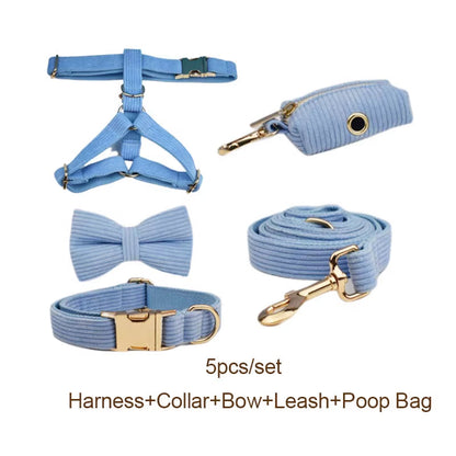 Custom Corduroy Dog Collar and Leash Set Engraved Nameplate - HuckMB Pet Supply