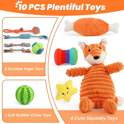 Puppy Teething Chew Toys Set: 10-Pack Squeaky & Rope Toys