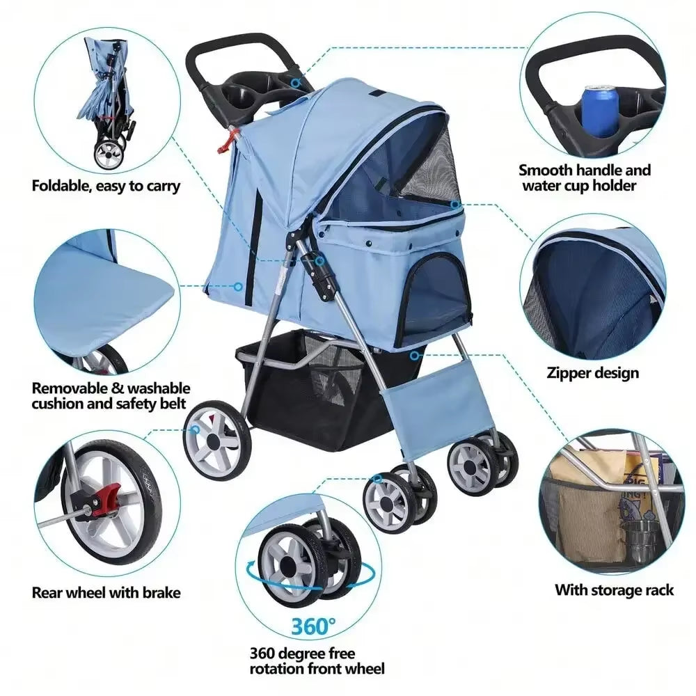 Blue 4 Wheel Pet Stroller: Foldable Carrier for Cats & Dogs - HuckMB Pet Supply
