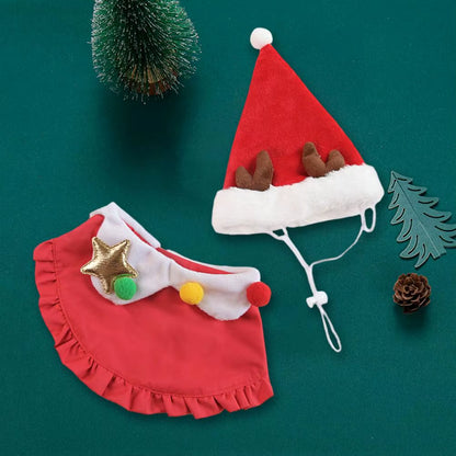 Festive Cat & Small Dog, Costume with Santa Hat & Bib Collar - HuckMB Pet Supply