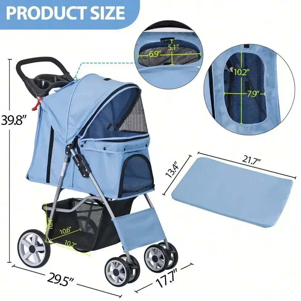 Blue 4 Wheel Pet Stroller: Foldable Carrier for Cats & Dogs - HuckMB Pet Supply
