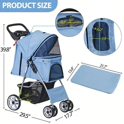 Blue 4 Wheel Pet Stroller: Foldable Carrier for Cats & Dogs - HuckMB Pet Supply