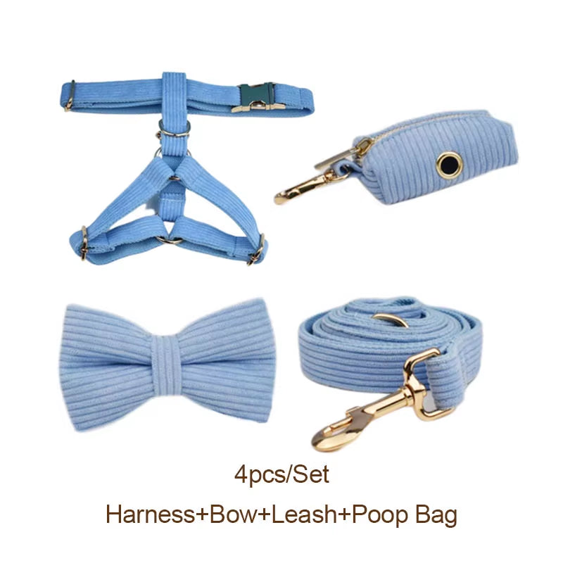 Custom Corduroy Dog Collar and Leash Set Engraved Nameplate - HuckMB Pet Supply