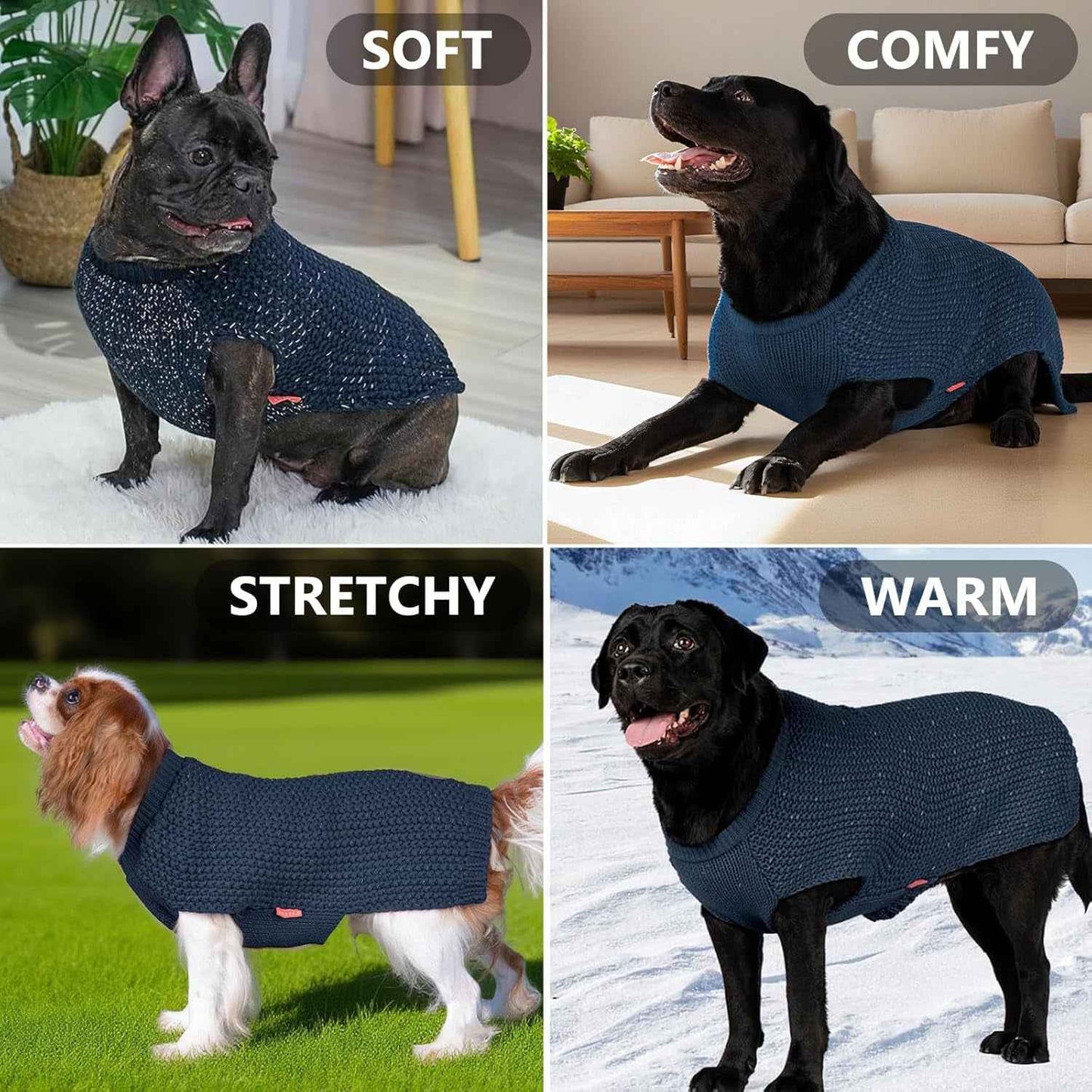 KYEESE Dog Sweater with Leash Hole Warm Pullover with Reflective Yarn for Small and Medium Dogs Male Soft Knit Pullover Boy Dog Coats Cozy Lightweight Thick Sweater,Navy Blue,Medium