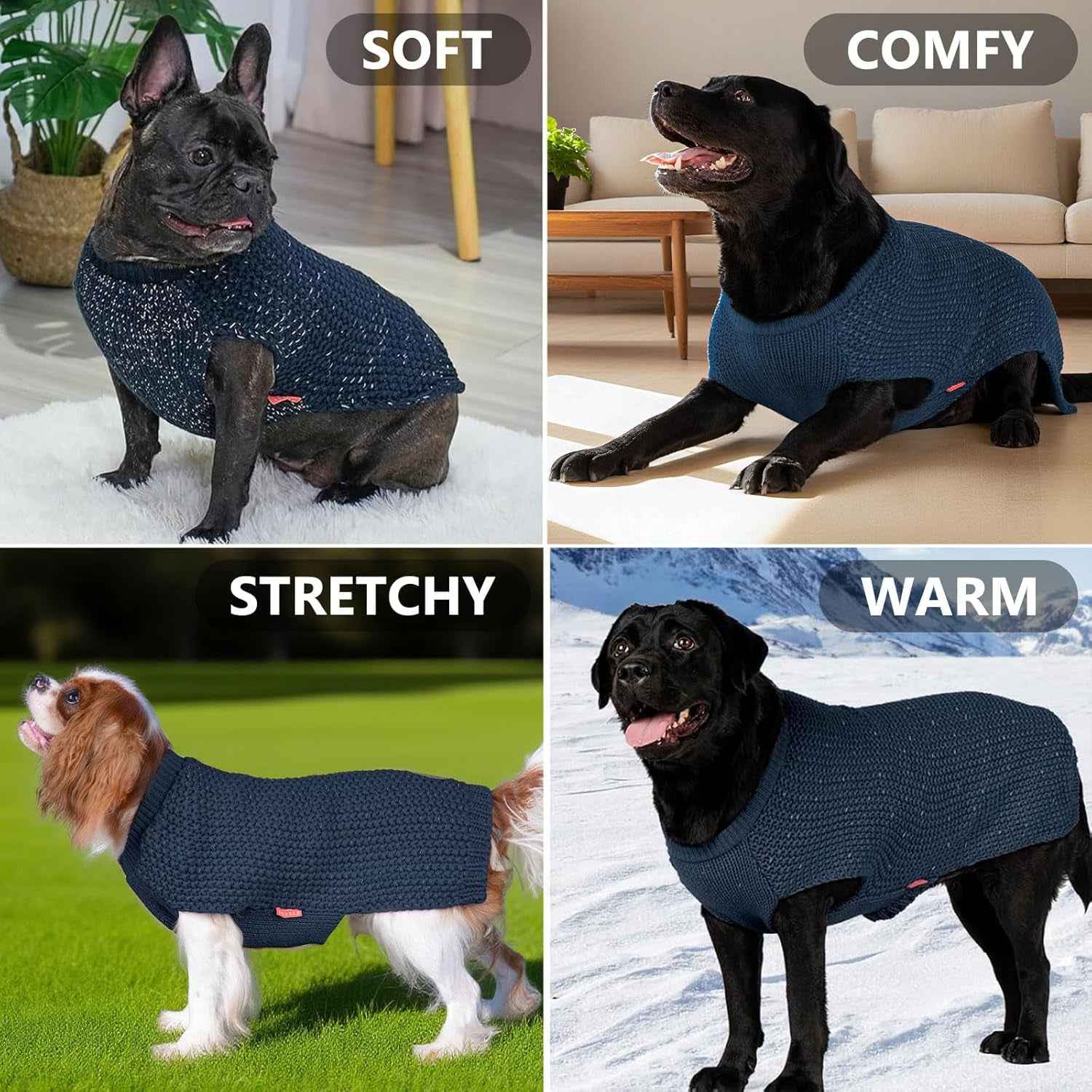 KYEESE Dog Sweater with Leash Hole Warm Pullover with Reflective Yarn for Small and Medium Dogs Male Soft Knit Pullover Boy Dog Coats Cozy Lightweight Thick Sweater,Navy Blue,Medium