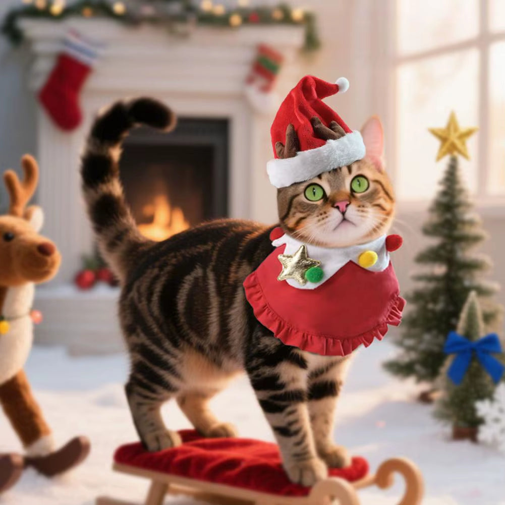 Festive Cat & Small Dog, Costume with Santa Hat & Bib Collar - HuckMB Pet Supply