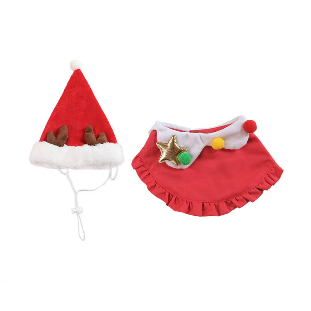 Festive Cat & Small Dog, Costume with Santa Hat & Bib Collar - HuckMB Pet Supply