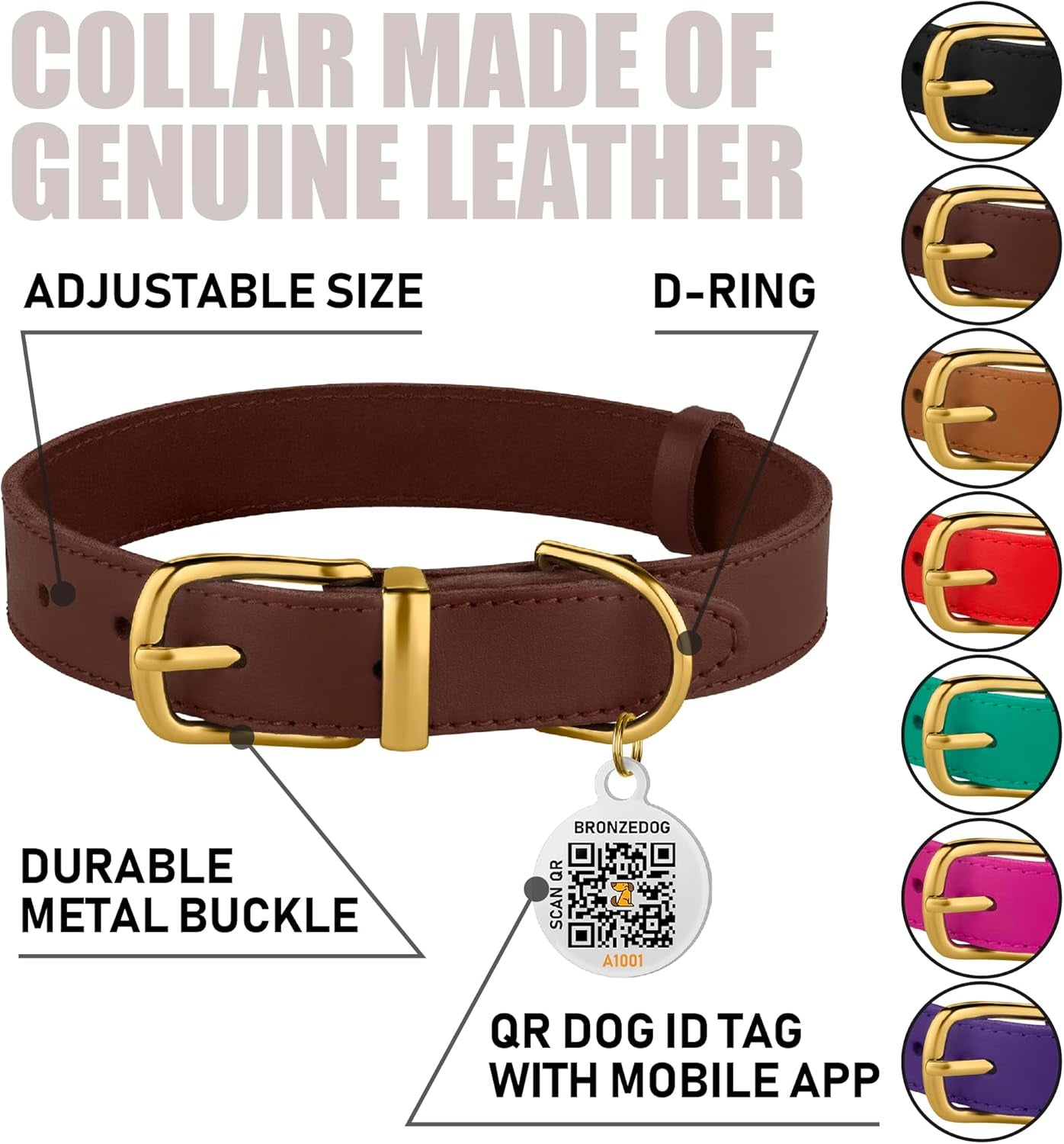BRONZEDOG Leather Collar with QR Tag for Small Dogs & Cats - HuckMB Pet Supply