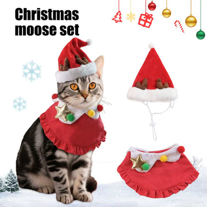 Festive Cat & Small Dog, Costume with Santa Hat & Bib Collar - HuckMB Pet Supply