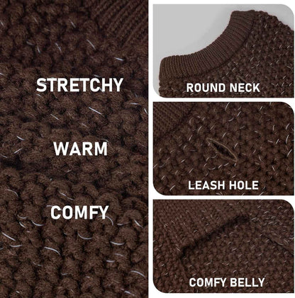 KYEESE Dog Sweater with Leash Hole Warm Pullover with Reflective Yarn for Small and Medium Dogs Male Soft Knit Pullover Boy Dog Coats Cozy Lightweight Thick Sweater,Khaki,Medium