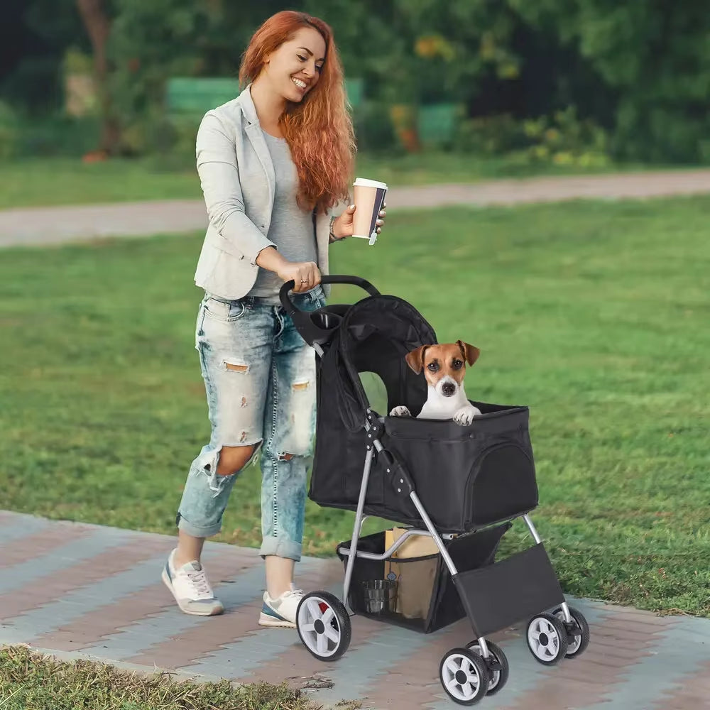 Foldable Dog Stroller: Safe 4-Wheel Travel Cart for Pets - HuckMB Pet Supply