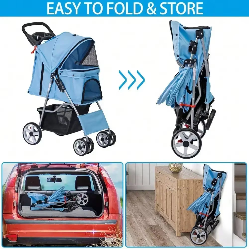 Blue 4 Wheel Pet Stroller: Foldable Carrier for Cats & Dogs - HuckMB Pet Supply