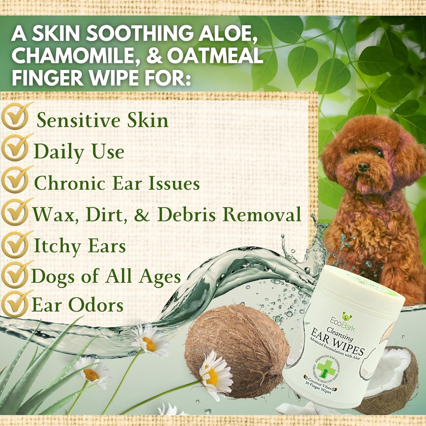 Ecobark Dog Ear Cleaner Wipes - Soothing Aloe Chamomile Care - HuckMB Pet Supply