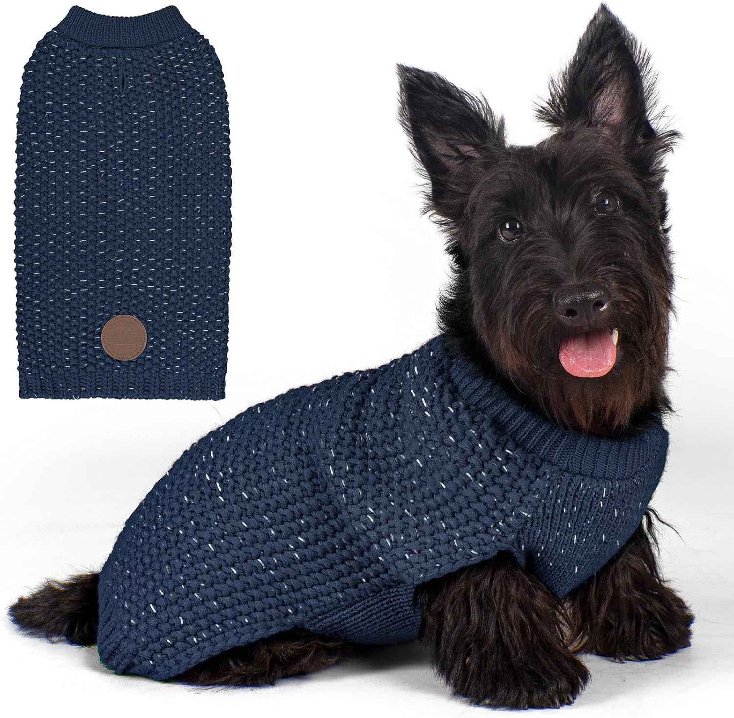 KYEESE Dog Sweater with Leash Hole Warm Pullover with Reflective Yarn for Small and Medium Dogs Male Soft Knit Pullover Boy Dog Coats Cozy Lightweight Thick Sweater,Navy Blue,Medium